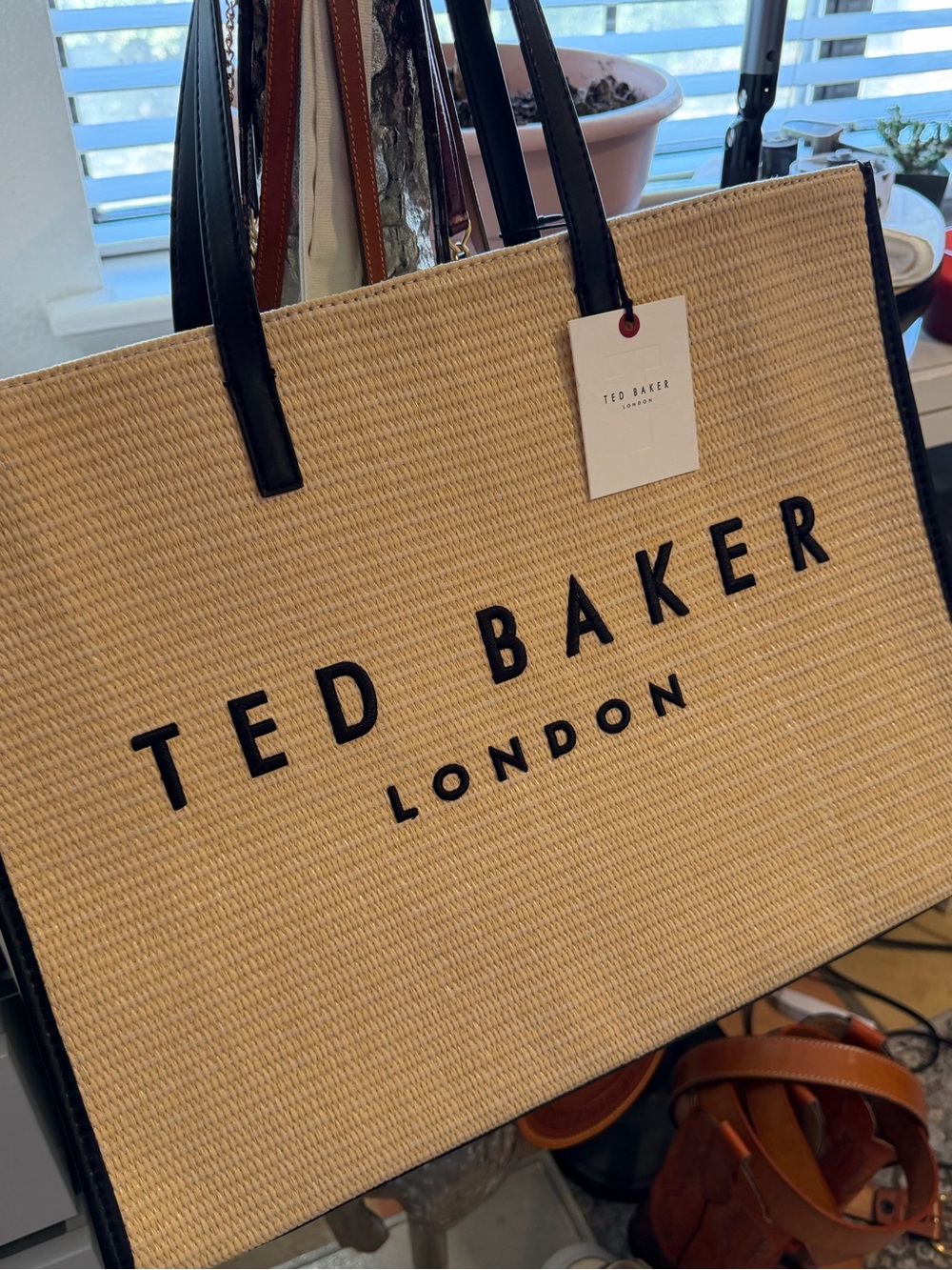 NWT Ted Baker London Large Raffia Icon Tote Natural Black Beach Bag